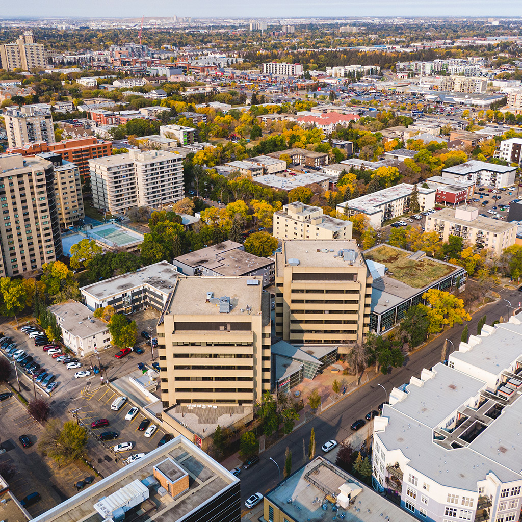 Aerial photo of the One Twelve Campus building, including two of its towers.