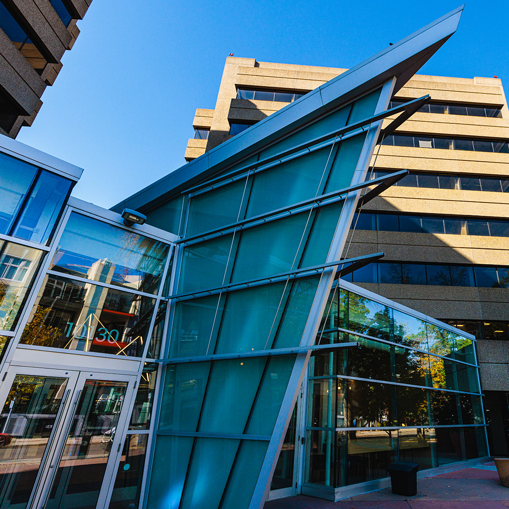 Photo of the One Twelve Campus with angled window structure.